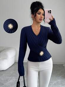 Elenzga Women's Ribbed V-Neck Long Sleeve Sweater, Fashionable For Autumn/Winter - Navy Blue - View 1