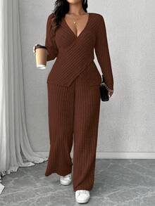 Elenzga 加大码柔软针织罗纹面料交叉长袖T恤+柔软罗纹阔腿裤休闲家居服两件套 - 咖啡棕 - 查看 1