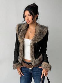 Aloruh 女士秋冬绒面抓绒外套，黑色波西米亚性感外衣，拼接人造毛皮大衣 - 黑色 - 查看 5