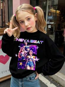 1pc Tween Girl K-Pop Cyberpunk Style Colorful Star Slogan Print Casual Comfortable Crew Neck Long Sleeve Sweatshirt, Suitable For Teenage Girls In Autumn/Winter - Black - View 3