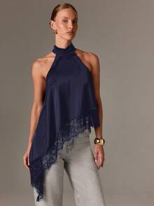 AiiRZ 高领露背上衣，蕾丝下摆，缎面无袖衬衫，适合休闲晚装 - 藏蓝色 - 查看 4