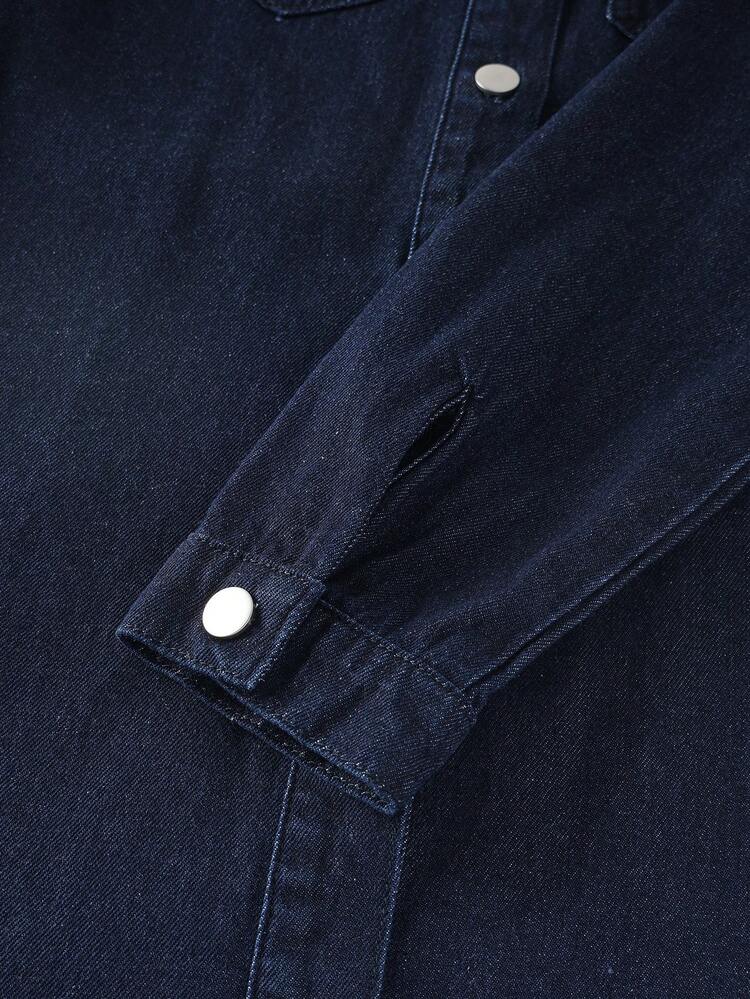 GlowEve Damklänning med lång ärm, enkelknäppt ficka, höstklänning med lång ärm, denimklänningar för kvinnor, denimklänningar, skjortklänningar, kurvig denimklänning, denimklänning för kurviga kvinnor - Blå - Visa 7