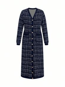 SHEIN Clasi Bộ đồ liền thân ống rộng không tay họa tiết kẻ caro cỡ lớn dành cho nữ, mùa thu, áo khoác kim loại một hàng khuy dài - Màu xanh hải quân - Xem 10