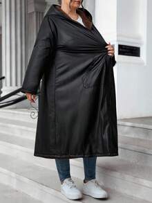 SHEIN CURVE+ Plus Size Front Zipper Long Sleeved Pocket Minimalist Black  Fabric Hooded Jacket, Casual Daily Autumn And Winter Wear, Autumn And Winter Long Jacket - Black - View 3