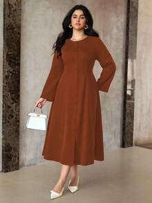 Roveilla Plus Size Women Vintage Elegant Autumn Brown Long Sleeve Dress,Minimalist Conservative Casual Solid Rust Brown Tea Party Elegant Dress For Women - Orange - View 4