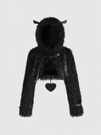 Goth Chaqueta con capucha corta de piel sintética estilo gótico punk, abrigo de piel sintética para mujer