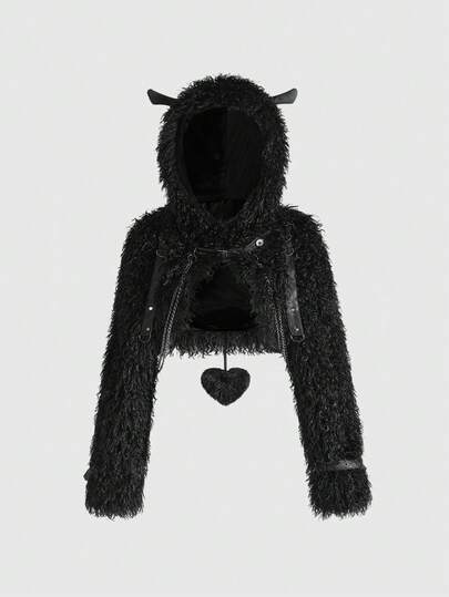 Goth Gothic Punk Faux Fur Short Hooded Jacket, Women Faux Fur Coat