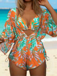 Swim Vcay Women's Summer Beach Tropical Plant Print Halter Tie Sexy Bikini Set With Coverup And Shorts (3 Pieces Set), Print Design Varies - Multicolor - View 1