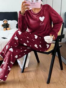SHEIN Heart Fleece Long Sleeve Top & Pants Fluffy Pajama Set, Cozy Winter Clothes - Red - View 1