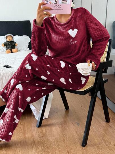 SHEIN Heart Fleece Long Sleeve Top & Pants Fluffy Pajama Set, Cozy Winter Clothes