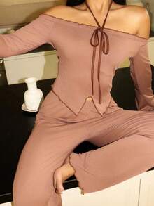 Lowkey Lull 女士长袖系带露背吊带上衣和裤子睡衣套装，冬季服装 - 棕色 - 查看 3