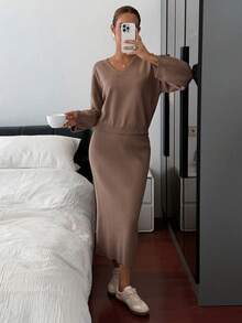 DAZY 女式纯色 V 领落肩长袖毛衣和针织中长裙两件套休闲套装，秋冬 - 咖啡棕 - 查看 6