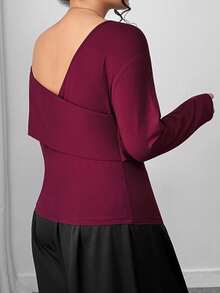 Selianne Plus Size Solid Color One Shoulder Long Sleeve Fitted Top - Burgundy - View 3