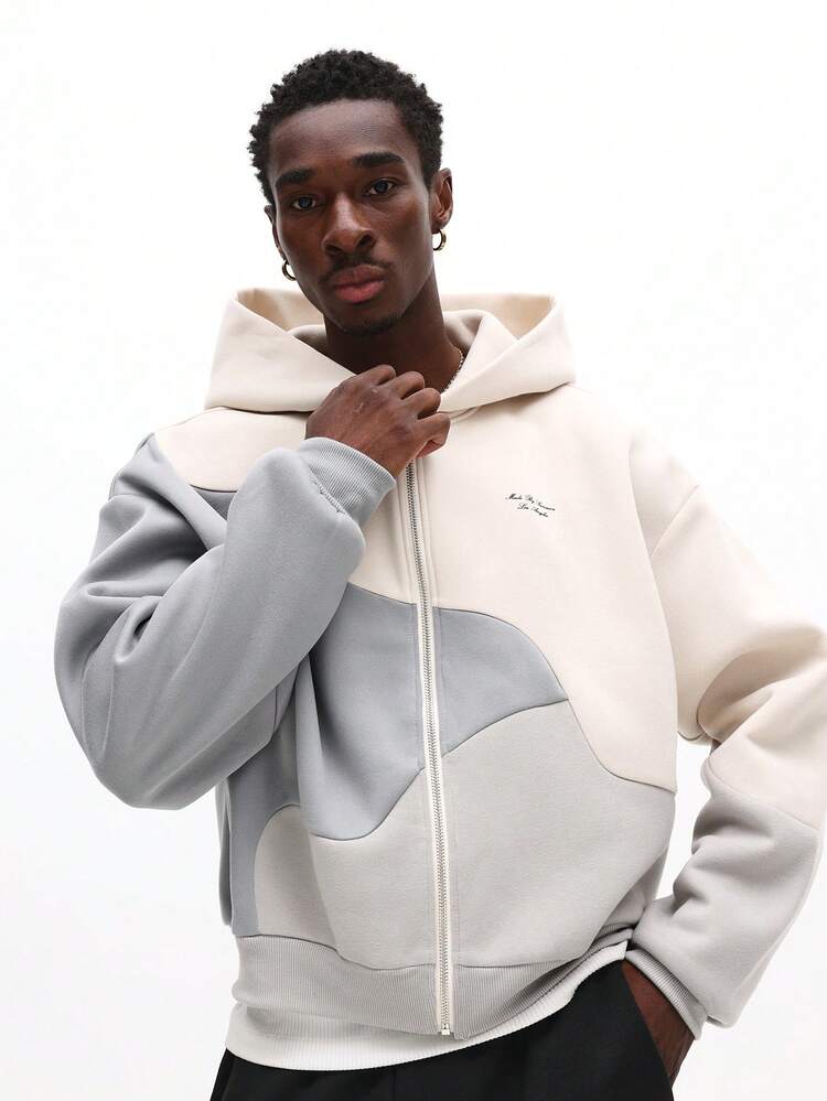 컬러블록 지퍼업 후드 티셔츠