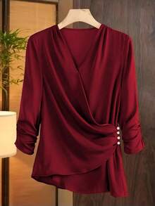 SHEIN Franclia 女士时尚纯色不对称优雅衬衫 - 酒紅色 - 查看 1