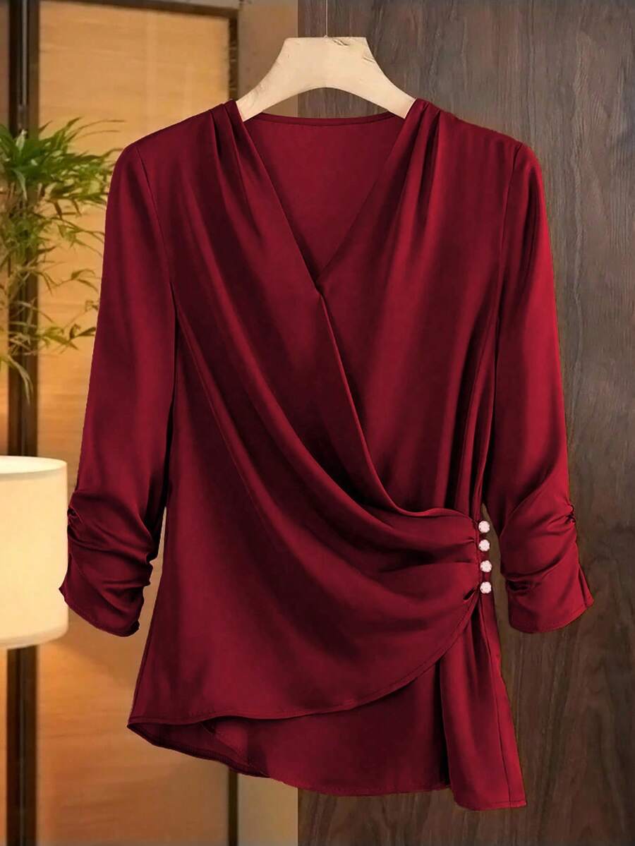 SHEIN Franclia 女士时尚纯色不对称优雅衬衫 - 酒紅色 - 查看 1