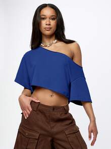 SUMWON WOMEN 露肩宽松短款T恤，不对称单肩短袖上衣，休闲日常穿着 - 藏蓝色 - 查看 5