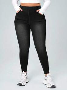 SHEIN CURVE+ 冬季加大码女式牛仔弹力性感休闲紧身牛仔裤，女士牛仔竞技风格 - 黑色 - 查看 3
