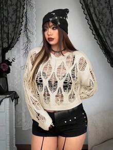 Whyspr 大码秋冬新款时尚创意几何镂空图案针织圆领长袖短款毛衣，修身显瘦休闲舒适简约设计女式针织上衣 - 杏色 - 查看 3