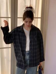 DAZY Teen Girl Casual Everyday Workwear Loose Fit Dropped Shoulder Plaid Print Long Sleeve Shirt, Spring/Autumn - Navy Blue - View 3