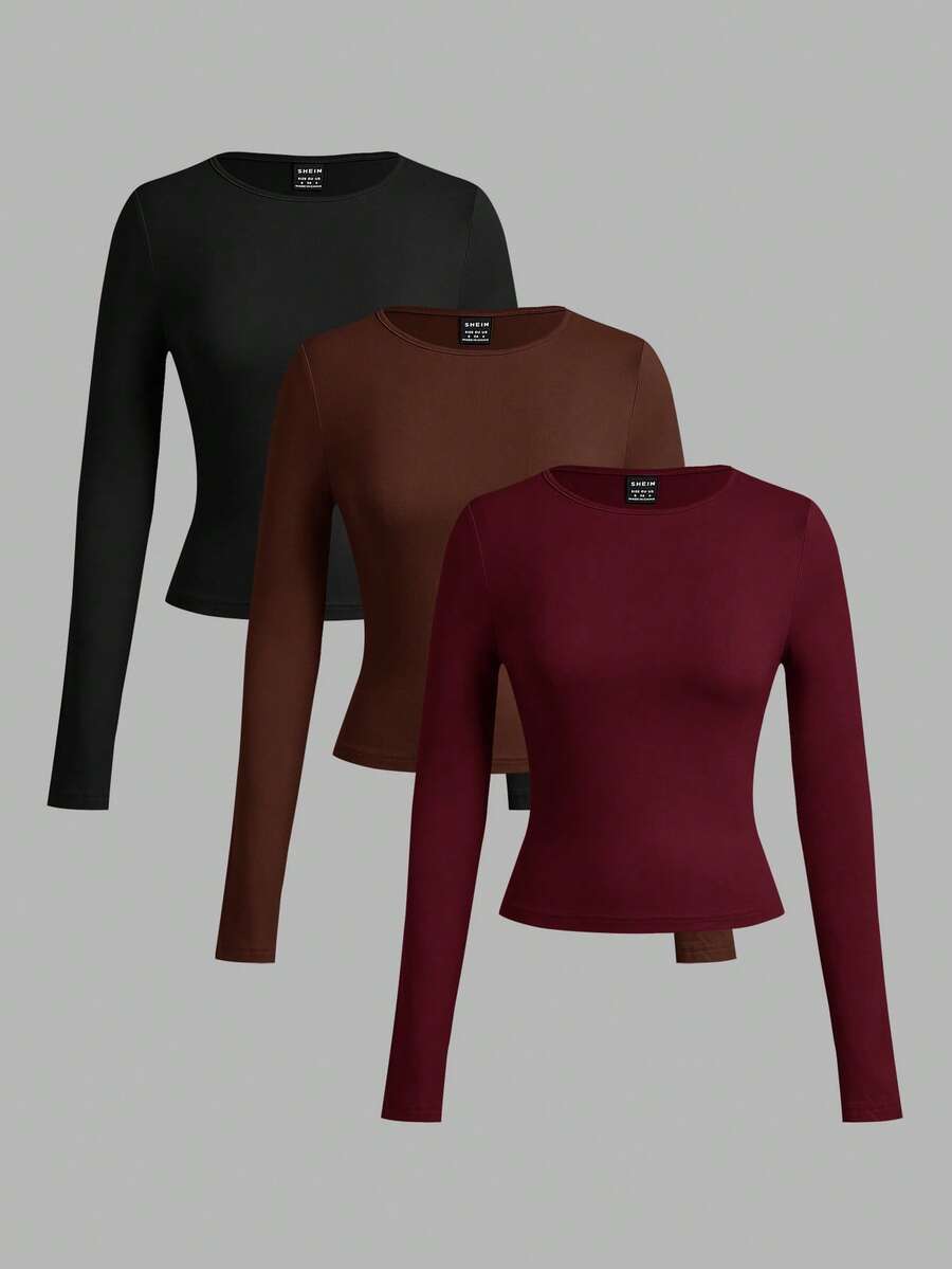 SHEIN EZwear 3 件套女士休闲宽领紧身长袖 T 恤套装，秋冬 - 彩色 - 查看 1
