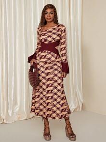 Eryvara 女士优雅时尚简约百搭通勤修身菱形格子撞色袖口蝴蝶结两件套，秋冬 - 彩色 - 查看 5