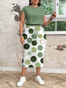 SHEIN LUNE 2 件套波尔卡圆点印花休闲宽松圆领裙套装加大码适合秋冬季裙子两件套