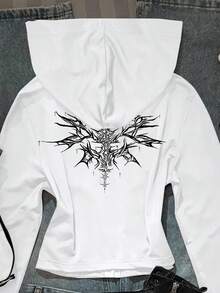 SHEIN EZwear Casual Vintage Printed Pattern White Women's Solid Color Fitted Hoodie T-Shirt, Autumn Graphic - White - View 4