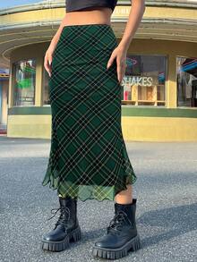 SHEIN EZwear 绿色格子网眼印花迷你裙 - 綠色 - 查看 3