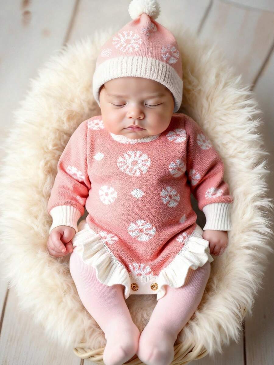 SHEIN 2Pcs Set Knitted Newborn Girl Romper With Matching Pom Hat Baby Girl Photography Outfits 1 Month 100 Days Baby Photo Shooting Props - Multicolor - View 1