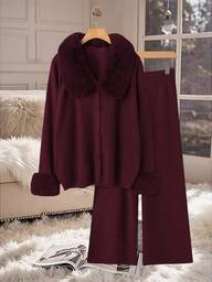 Linhara Plus Size Women Fur Collar Long Sleeve Button Front Knit Casual Sweater Set