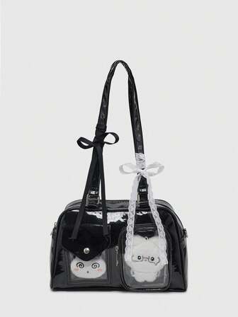 Kawaii Vintage niedlicher Stil Damen Karomuster Umhängetasche mit Schleife, Kirsch- und Herzdekor, Mehrtaschige Boston Tasche, Schul-, Straßen- und Japanischer Stil Tasche für Frauen