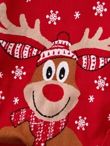 SHEIN Men's Red Base Christmas Reindeer Pattern Crew Neck Long Sleeve Sweater, For Winter - Red - View 8