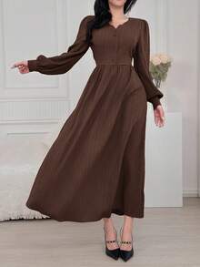 Feyla Women's Solid Color V-Neck Button Design Puff Sleeve Elegant Dress - Coffee Brown - View 4