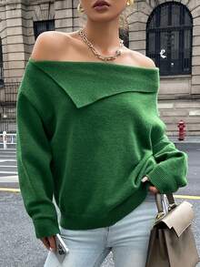 DAZY Women's Casual Loose Off-Shoulder Long Sleeve Green Sweater, Autumn/Winter - Green - View 2