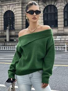 DAZY Women's Casual Loose Off-Shoulder Long Sleeve Green Sweater, Autumn/Winter - Green - View 6