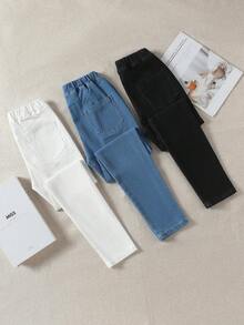 SHEIN 3 件套 TWEEN GIRLS 牛仔裤，高弹柔软牛仔面料，3 种颜色，腰部纽扣细节，休闲基本款，百搭版型，适合秋冬季，新款高价值牛仔裤套装 - 彩色 - 查看 5