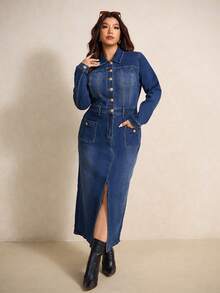 Elaquor Plus-Size Dark Blue Denim Dress, Classic Long-Sleeved Shirt Dress, French Elegance, Gold Metal Buckle Embellishment, Autumn/Winter Women's Clothing.
