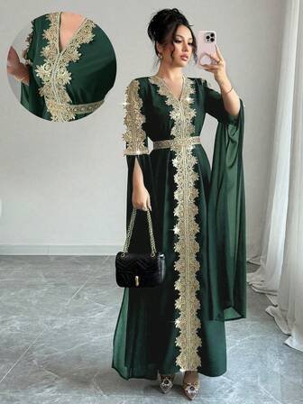 Rafferiza Women's Long Sleeve Patchwork Abaya Robe, Solid Color Lace Trim Kaftan Dress