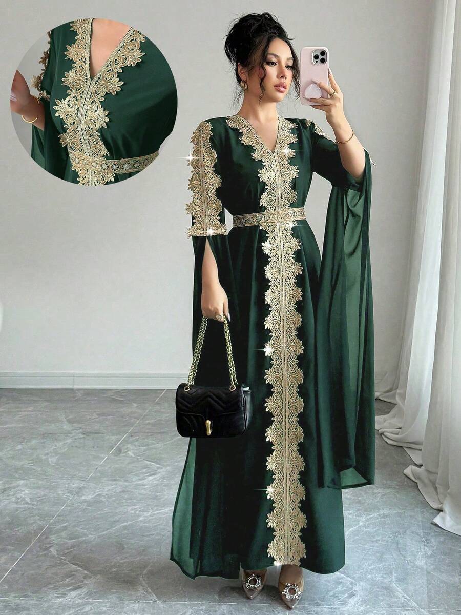 Rafferiza Áo choàng Abaya chắp vá tay dài cho nữ, váy Kaftan viền ren màu trơn - màu xanh lá - Xem 1