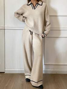 DAZY 女士休闲撞色针织毛衣和裤子两件套，秋冬 - 卡其色 - 查看 5