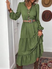 EMERY ROSE Damska jesienna sukienka w stylu boho, casualowa, w stylu wakacyjnym, w kolorze rdzawobrązowym, z dekoltem w serek i długim rękawem, w patchworkowym stylu - Wojskowa Zieleń - Zobacz 4