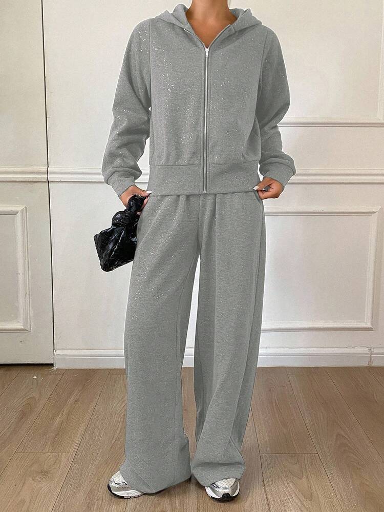 Women's Casual Sequin Hooded Sweatshirt And Wide Leg Pants 2 Pieces Set, Autumn Lounge Sets For Women