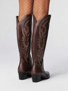 ROMWE Fairycore 女式2025春秋季新款自然风咖啡棕色刺绣西部靴，户外时尚一脚蹬及膝靴 - 咖啡棕 - 查看 5