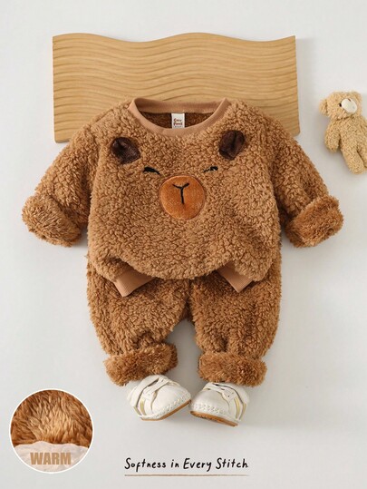 Cozy Pixies 2 pezzi Set di felpa girocollo a maniche lunghe con fodera in pile e pantaloni con vita elastica e polsini alla caviglia a motivo capibara per bambino