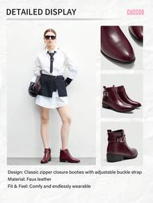 CUCCOO BIZCHIC 新款圆头防滑厚底平底女式复古踝靴，酒红色欧美风中筒靴，女式 - 酒紅色 - 查看 12