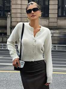 DAZY Áo khoác len cardigan màu trơn trang trí sequin lấp lánh, phong cách thanh lịch thường ngày khi đi làm dành cho nữ, mùa thu/đông, Giáng sinh - Màu be - Xem 4