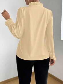 Rafferiza 女式长袖褶皱荷叶边系带衬衫，优雅的春秋季女式衬衫 - 杏色 - 查看 2