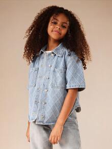 SUMWON Tween Quilted Diamond Denim Button Front Short Sleeve Oversized Shirt For Summer Fall Casual Streetwear - Light Wash - View 2