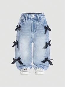 SHEIN Baby Girl Casual Distressed Bow Decor Washed Denim Jeans - Blue - View 3